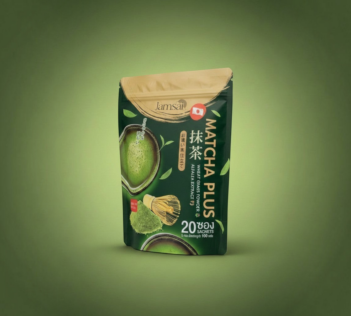 Thai Ranee Jamsai Matcha Plus wheat grass powder supplement in a green pouch with 20 sachets for natural energy.