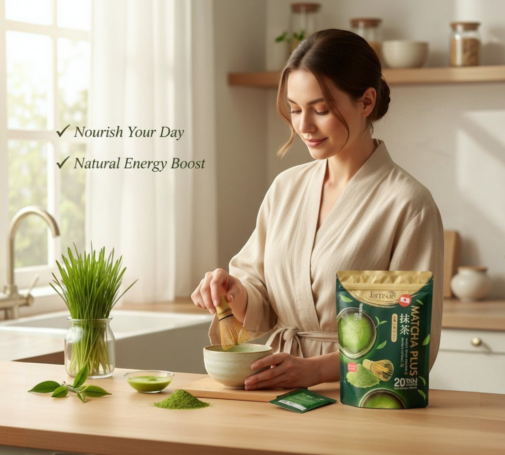 Thai Ranee Jamsai Matcha Plus powder being whisked in a bowl by a woman in a kitchen for a natural energy boost.