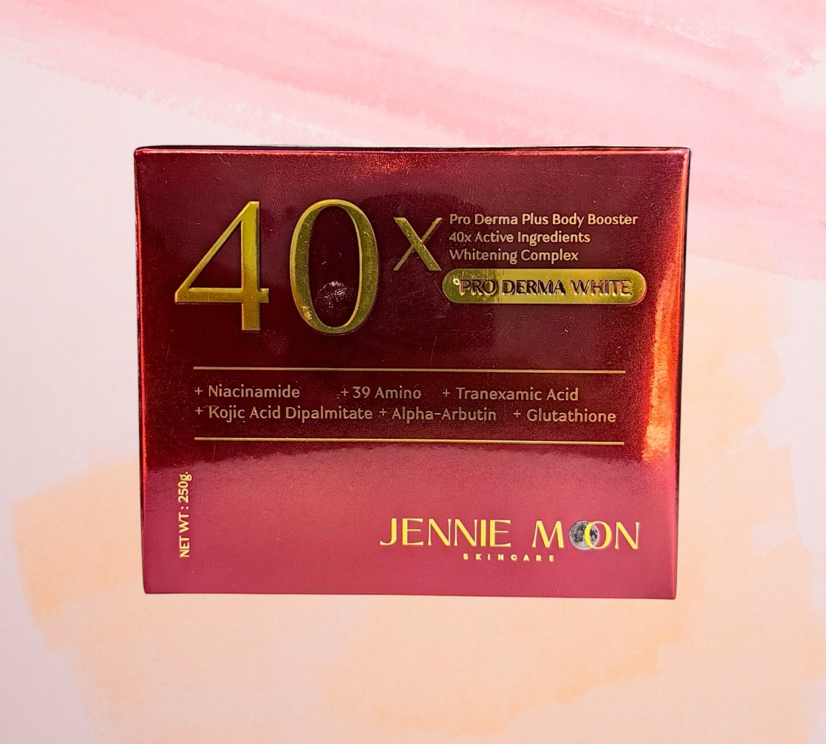 Thai Ranee Jennie Moon Pro Derma Plus Body Booster cream in a red 250g box featuring 40 active whitening ingredients.