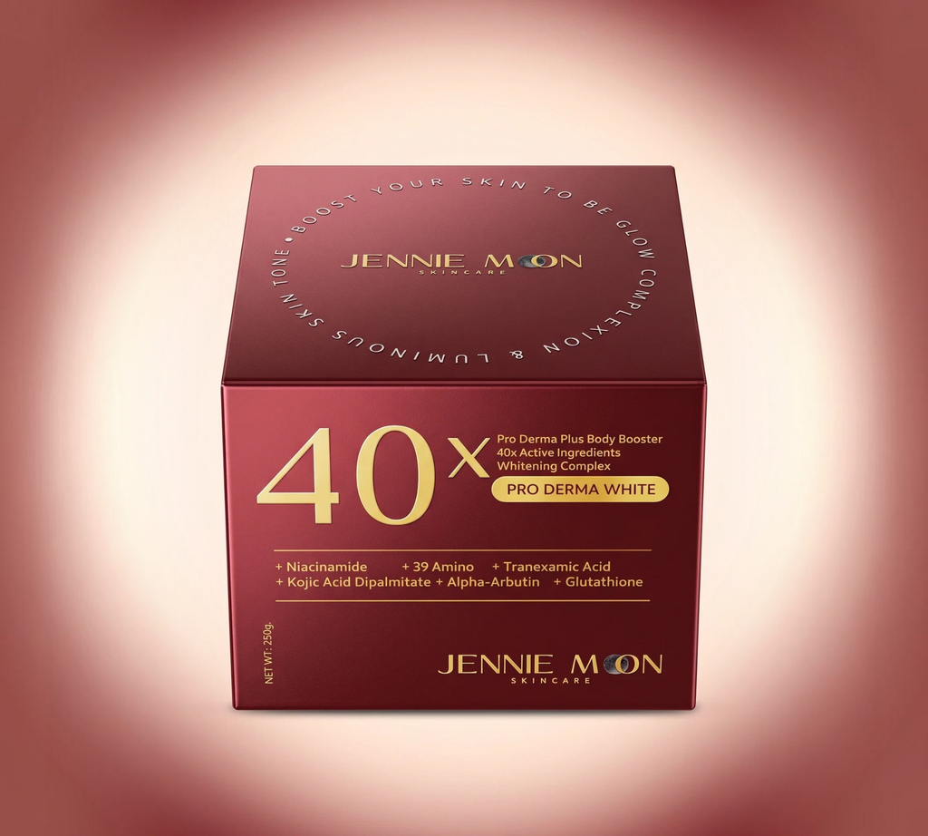 Thai Ranee Jennie Moon Pro Derma Plus Body Booster cream jar with 40x active whitening ingredients in a red box