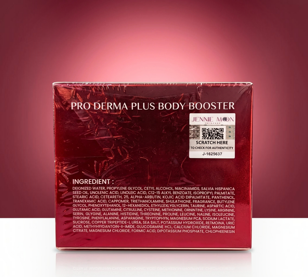 Thai Ranee JENNIE MOON Pro Derma Plus Body Booster cream jar with ingredient list on a glossy red background