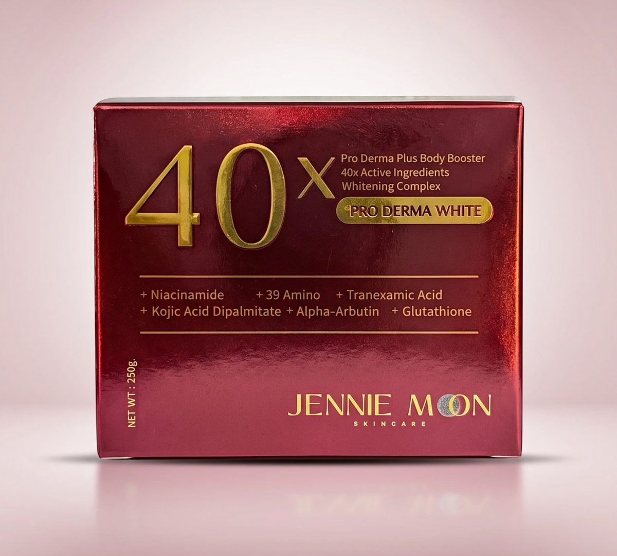 Thai Ranee Jennie Moon Pro Derma Plus Body Booster whitening cream box with gold text on a metallic red background.