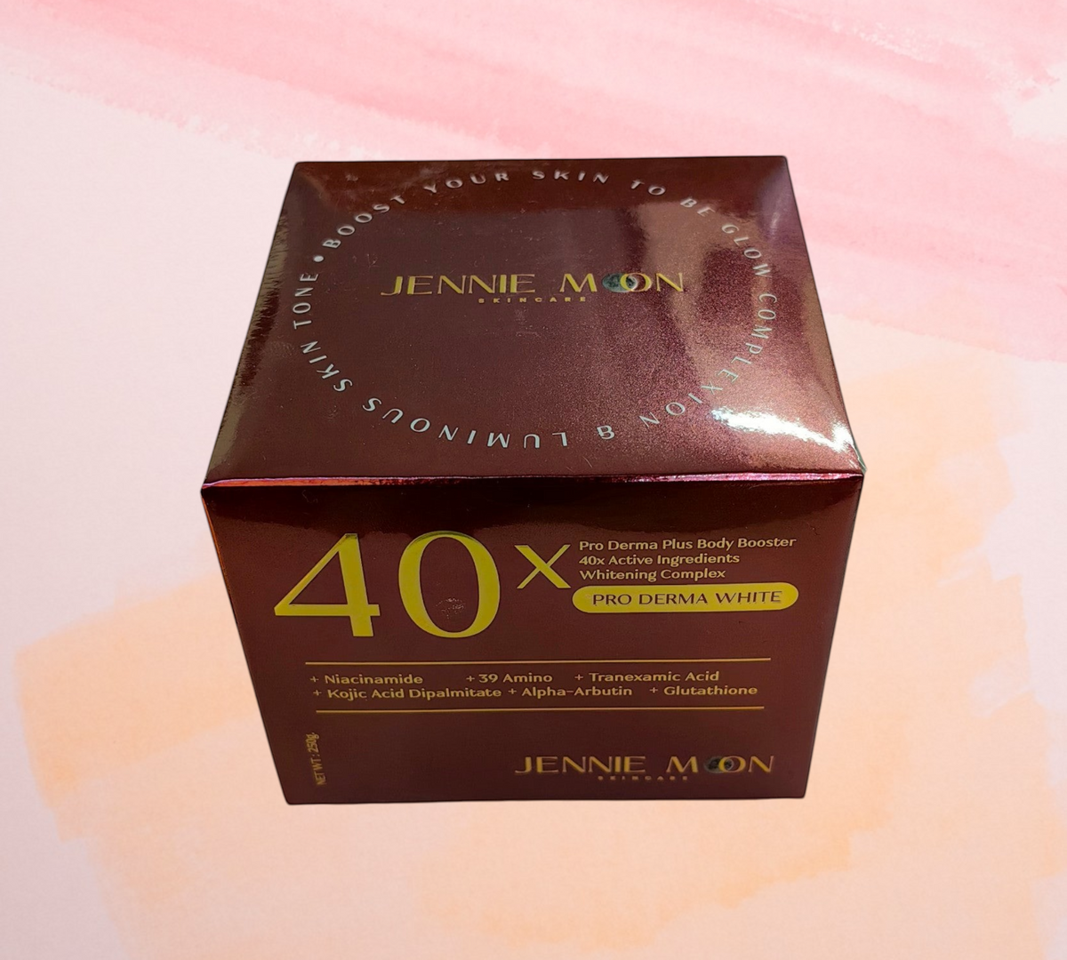 Thai Ranee Jennie Moon Pro Derma Plus Body Booster cream in a metallic red box with 40x active whitening complex