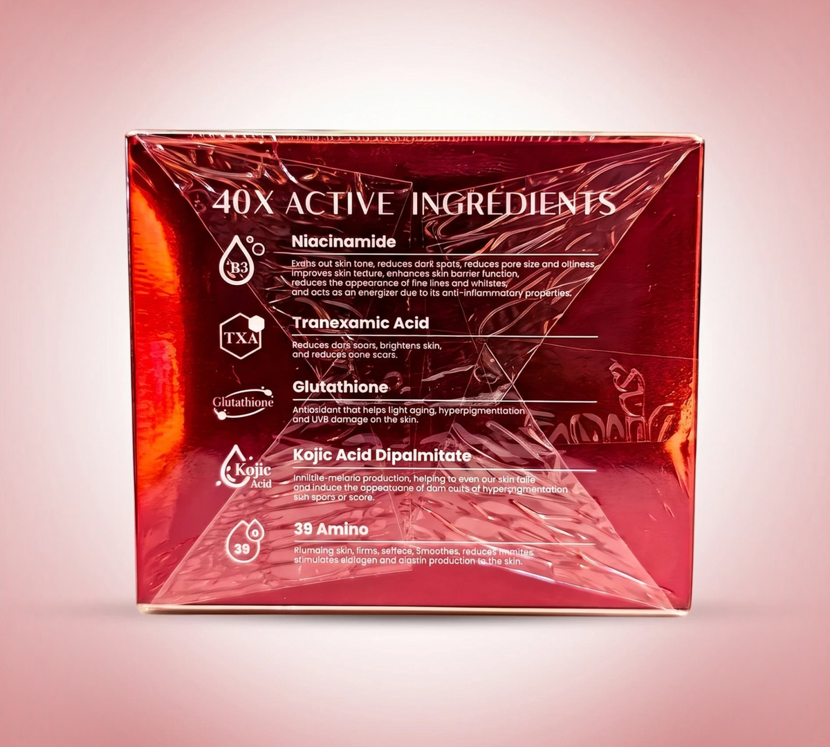 Thai Ranee JENNIE MOON Pro Derma Plus Body Booster cream packaging highlighting 40 active ingredients and benefits.