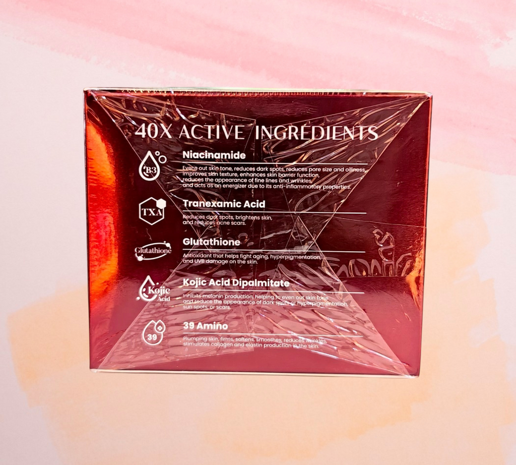 Thai Ranee JENNIE MOON Pro Derma Plus body cream box highlighting 40 active ingredients like Niacinamide and Glutathione