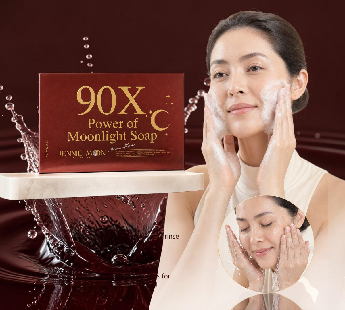 Thai Ranee Jennie Moon 90X Power of Moonlight soap bar with a woman applying creamy lather to her face for glowing skin