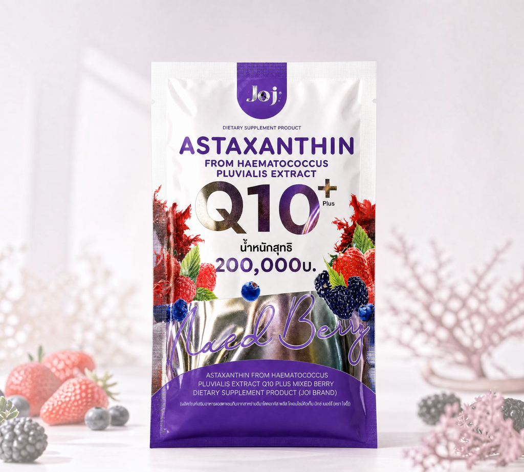 Thai Ranee JOJI Astaxanthin Q10 Plus mixed berry dietary supplement pouch with berry graphics on a purple background