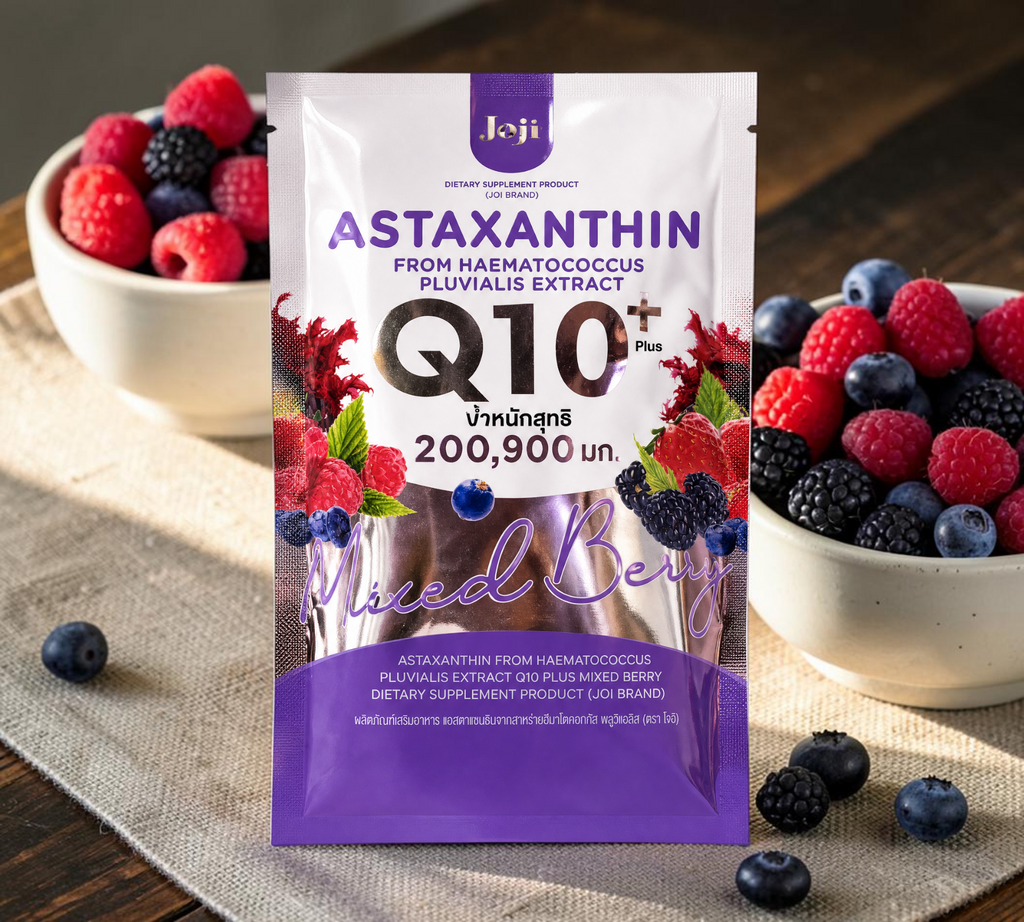 Thai Ranee JOJI Astaxanthin Q10 Plus mixed berry dietary supplement sachet with vibrant berry graphics