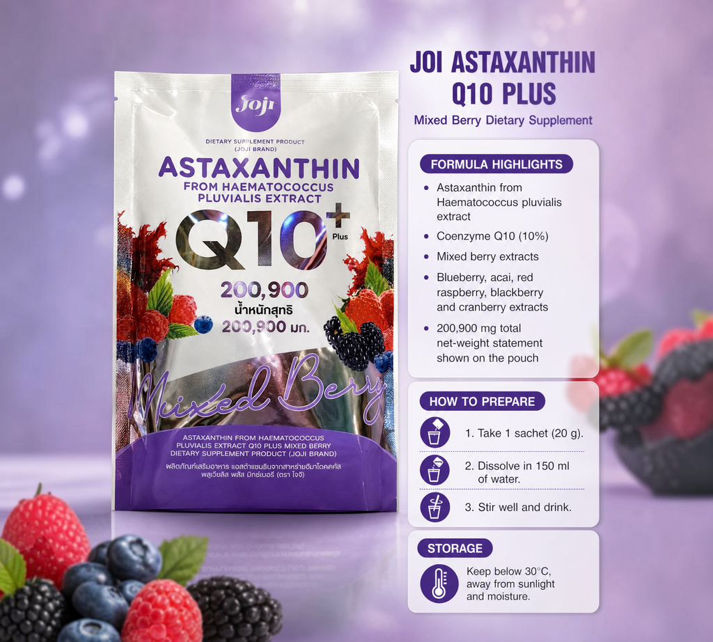 Thai Ranee JOJI Astaxanthin Q10 Plus mixed berry dietary supplement powder pouch with berry graphics