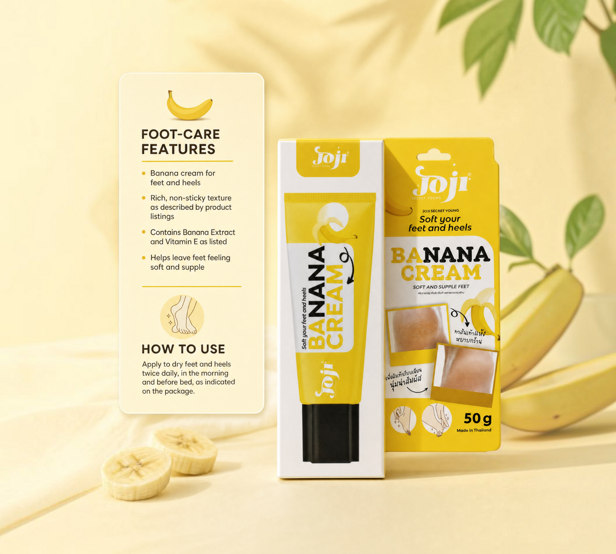 Thai Ranee Joji Secret Young Banana Cream for dry feet and heels with banana extract and vitamin E in 50g tube