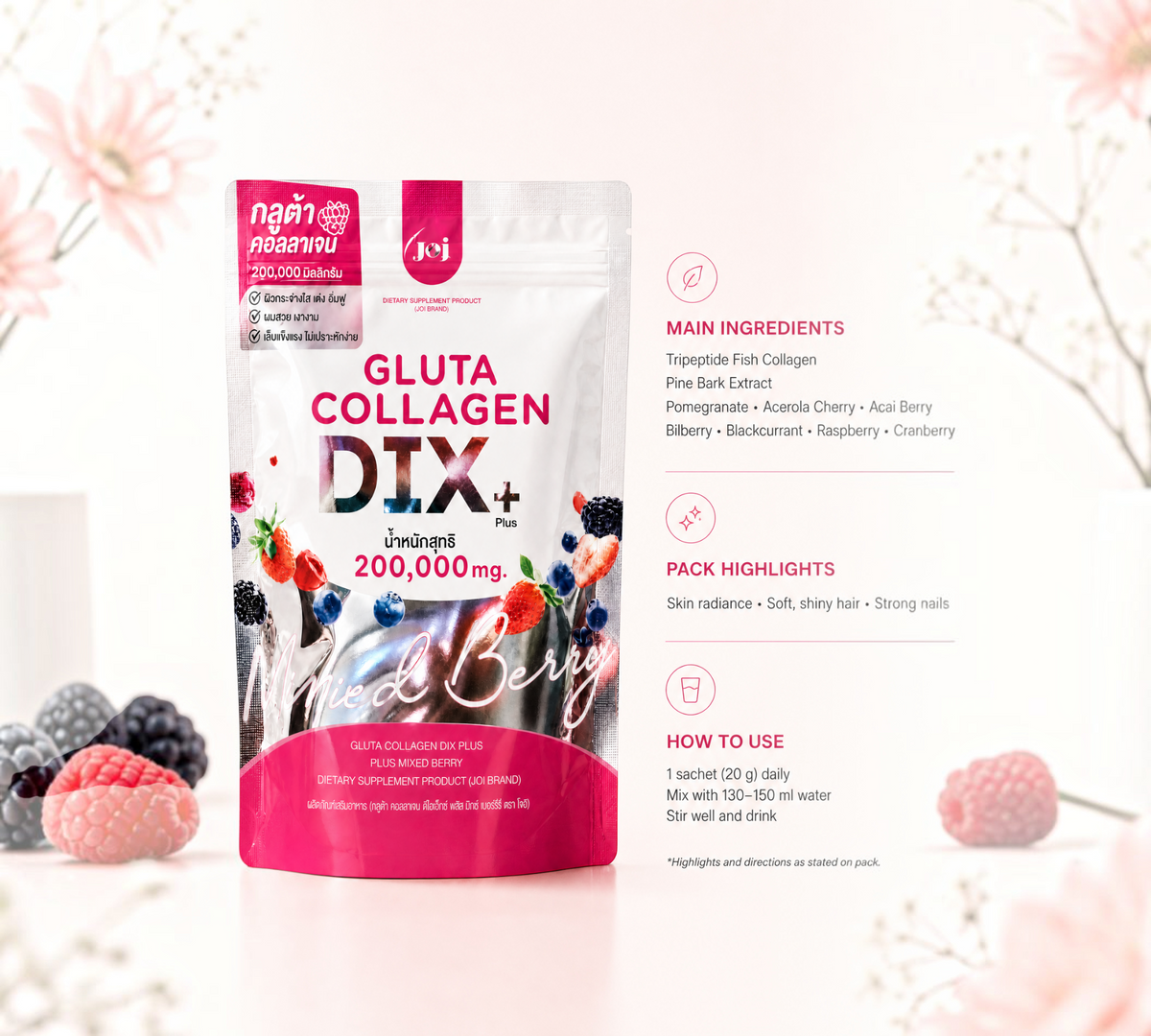 Thai Ranee JOJI Gluta Collagen DTX Plus mixed berry dietary supplement pouch with collagen and fruit extracts