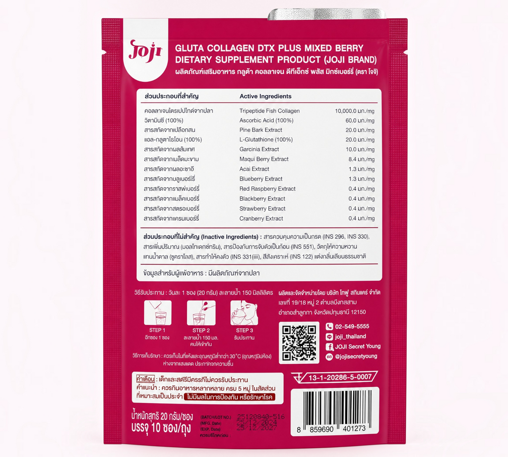 Thai Ranee JOJI Gluta Collagen DTX Plus mixed berry supplement pouch back label with ingredient list and instructions