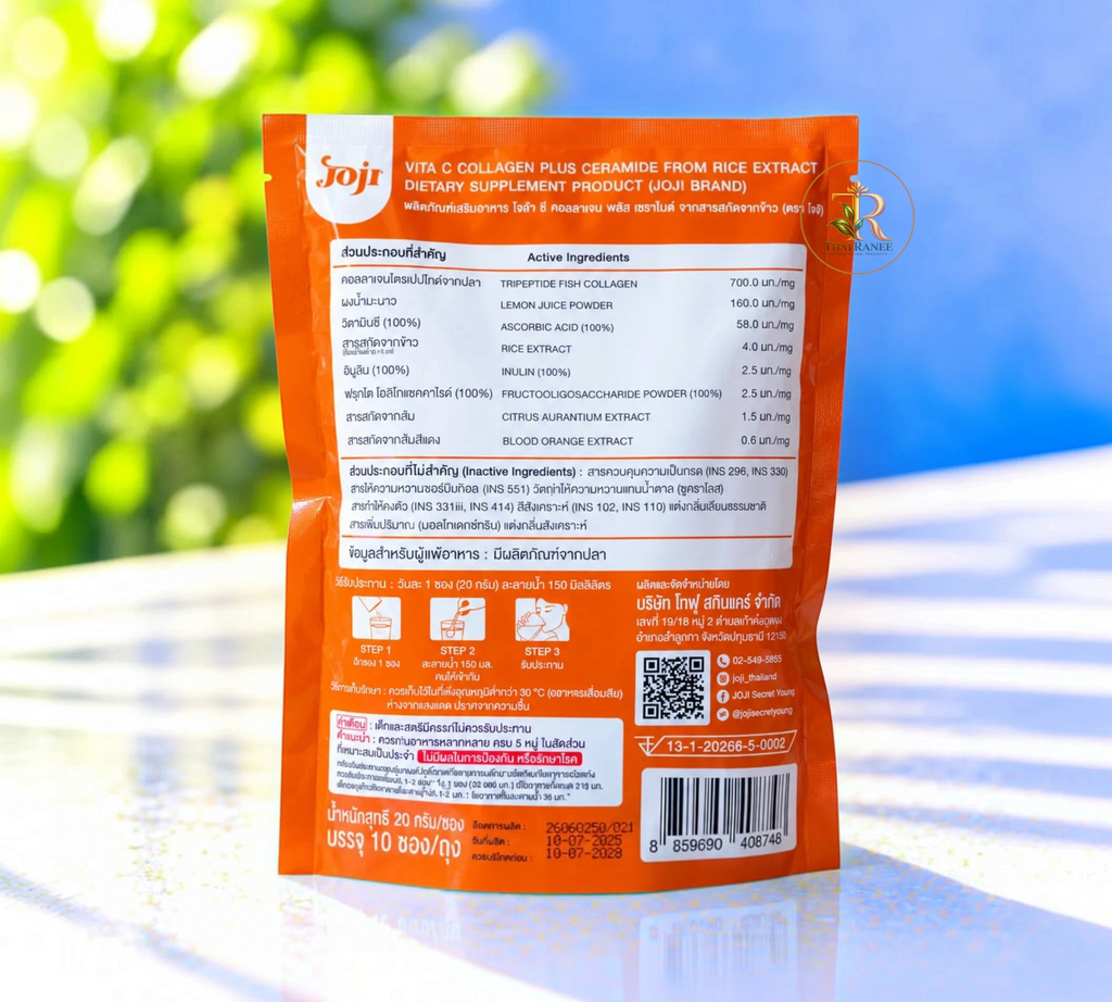 Thai Ranee Joji Vita C Collagen Plus supplement pouch back view with ingredient list and usage instructions