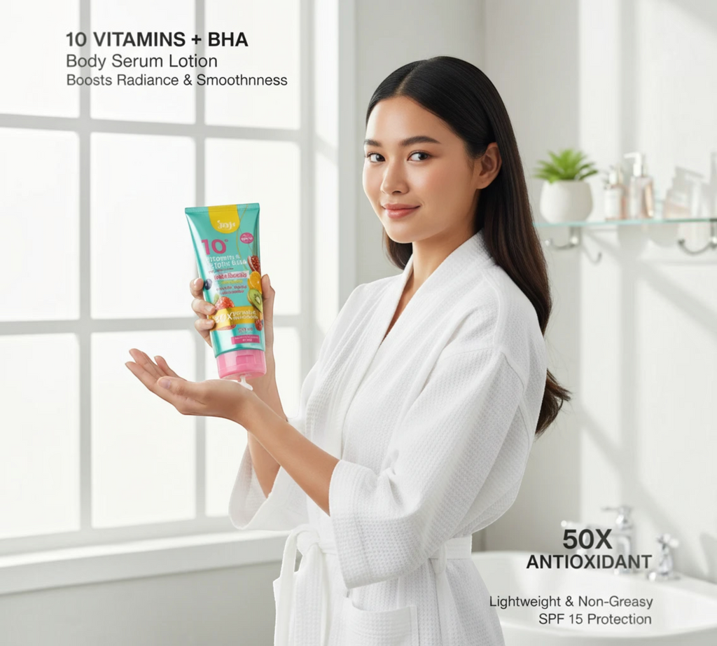Thai Ranee JOJI Secret Young 10 Vitamins Bright BHA Body Serum Lotion held by a woman in a white robe