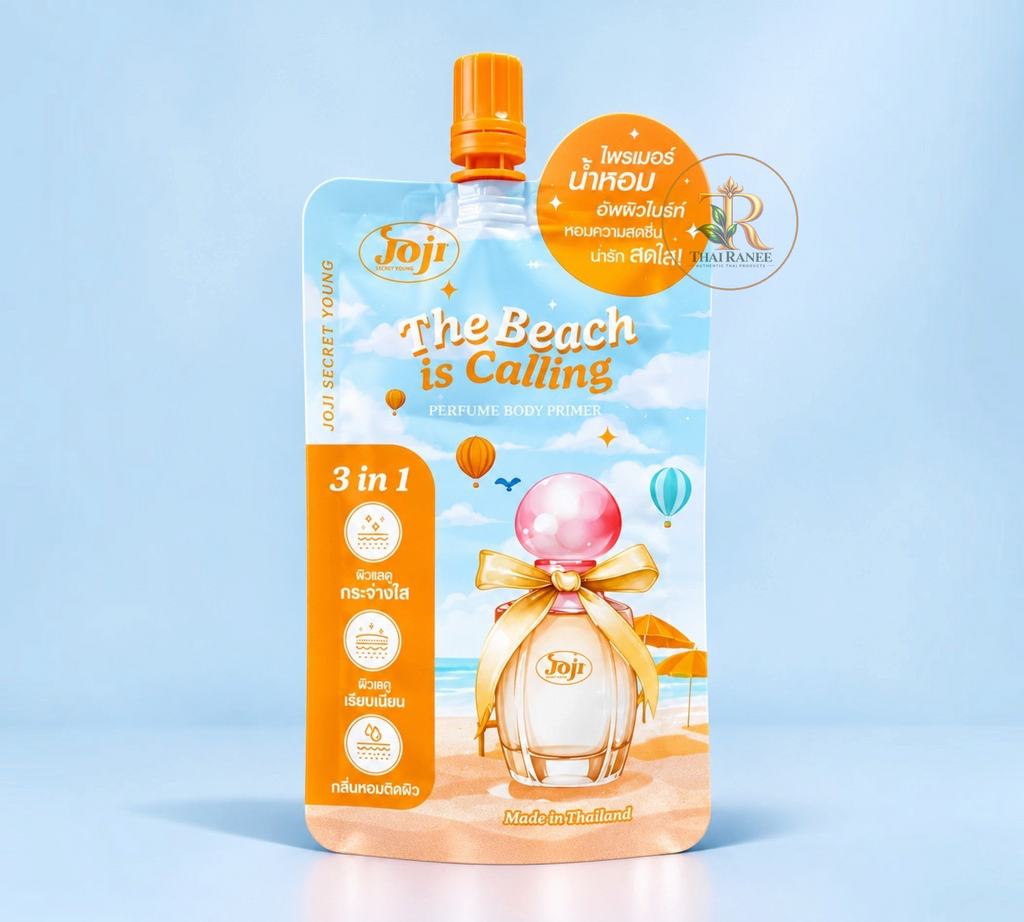 Thai Ranee Joji Secret Young The Beach Is Calling 3-in-1 perfume body primer in a travel-friendly orange pouch.