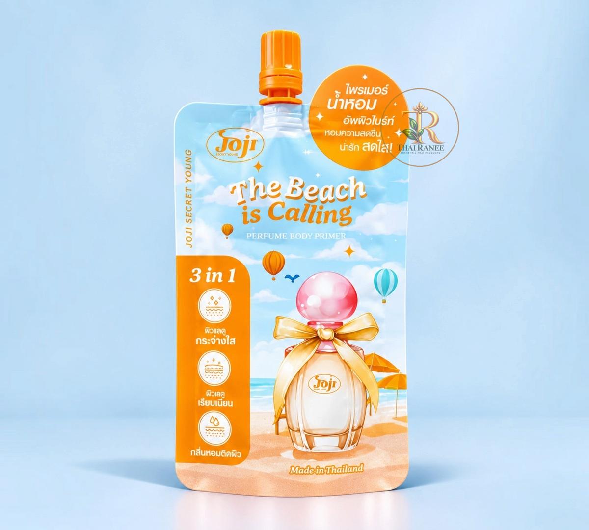 Thai Ranee Joji Secret Young The Beach Is Calling 3-in-1 perfume body primer in a travel-friendly orange pouch.