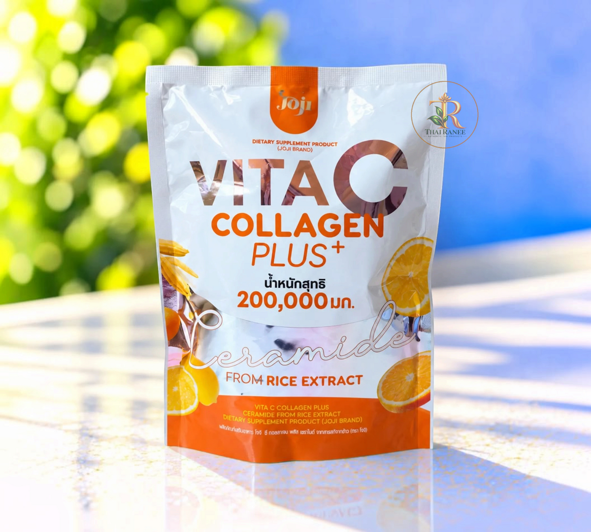 Thai Ranee Joji Vita C Collagen Plus dietary supplement powder pouch with citrus and rice extract graphics