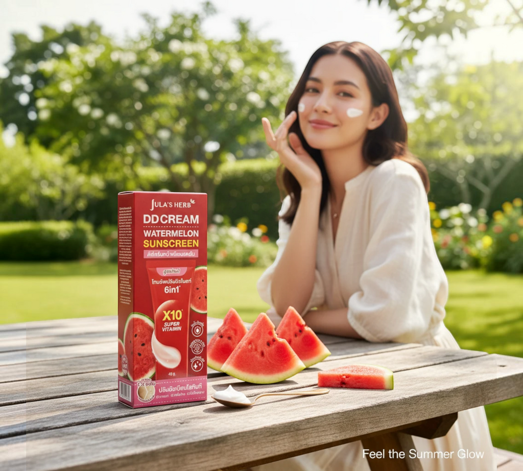 Thai Ranee Jula’s Herb watermelon DD cream sunscreen with SPF50 PA+++ on a wooden table with fresh watermelon slices.