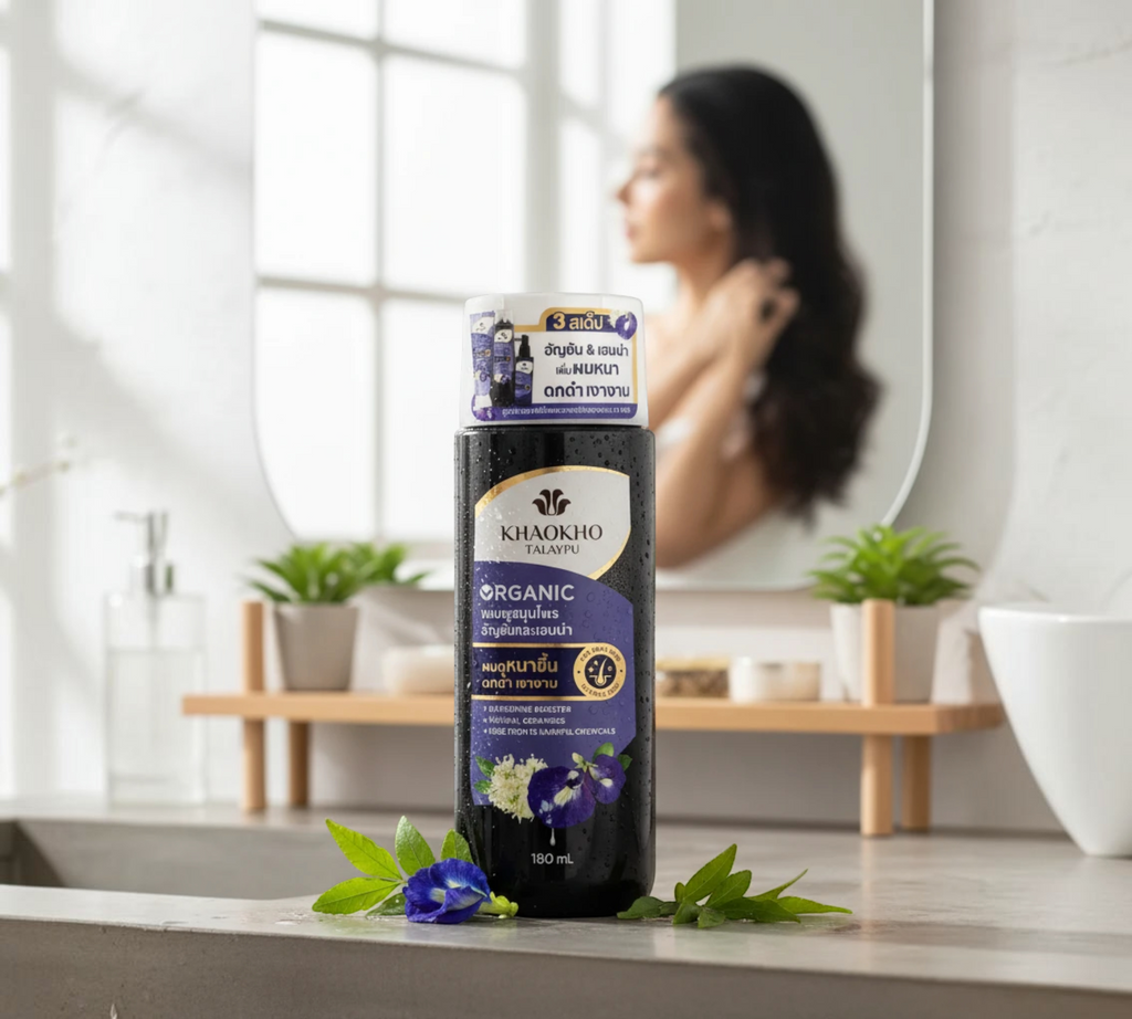 Thai Ranee Khaokho Talaypu organic butterfly pea and henna shampoo bottle on a bathroom counter with fresh flowers.