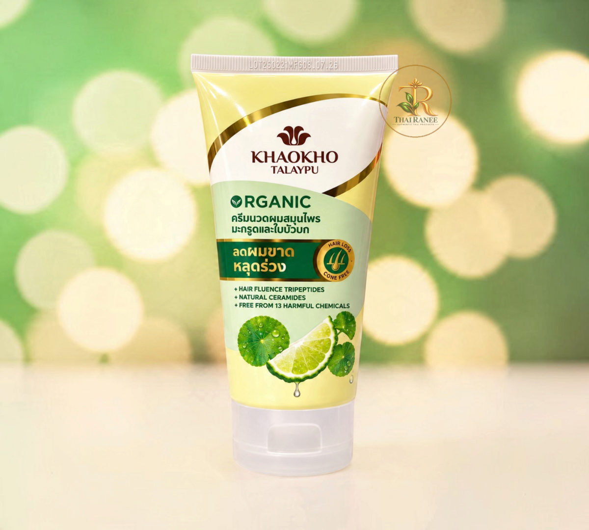 Thai Ranee Khaokho Talaypu organic herbal conditioner with leech lime and centella for hair fall care in a 160ml tube