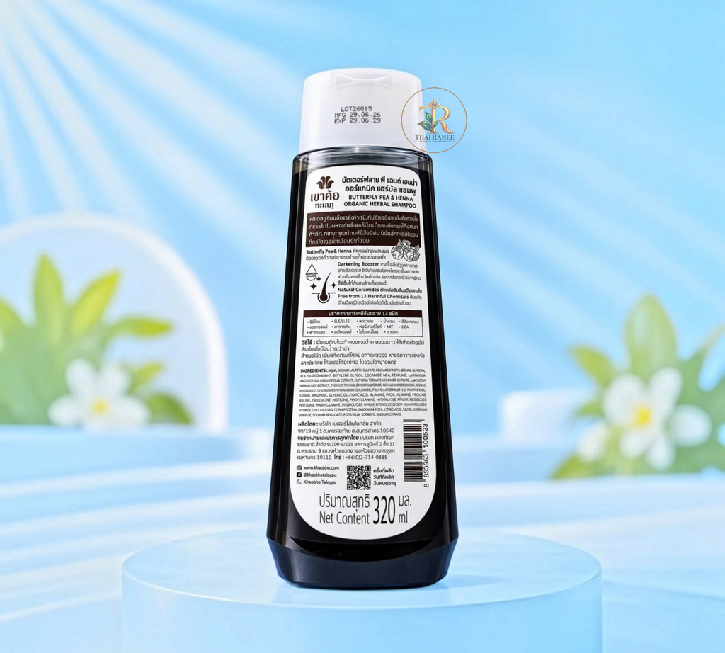 Thai Ranee Khaokho Talaypu organic butterfly pea and henna herbal shampoo bottle back label with ingredient details