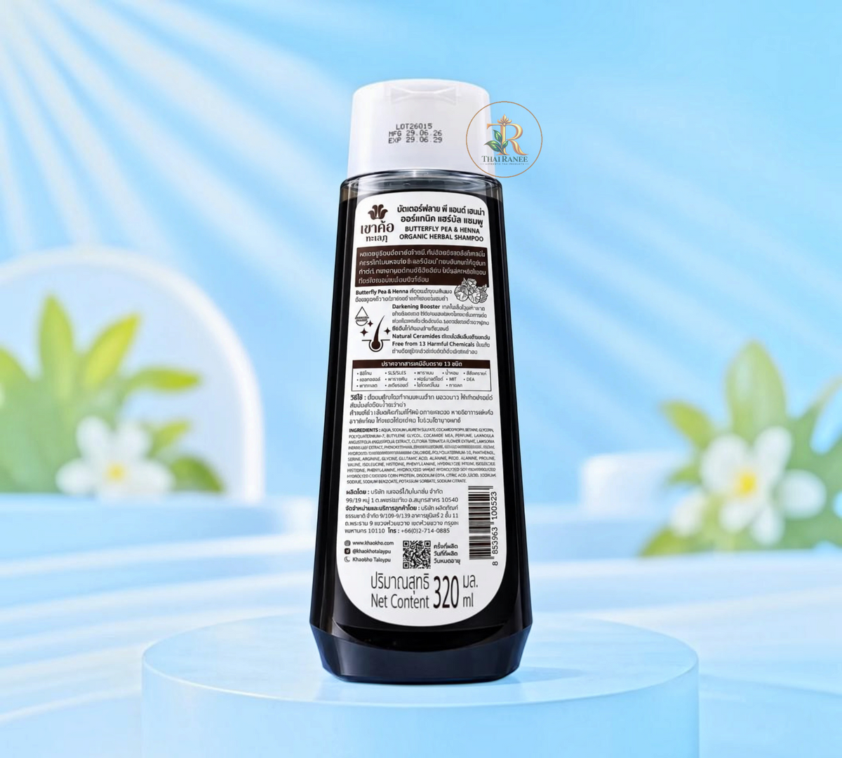 Thai Ranee Khaokho Talaypu organic butterfly pea and henna herbal shampoo bottle back label with ingredient details