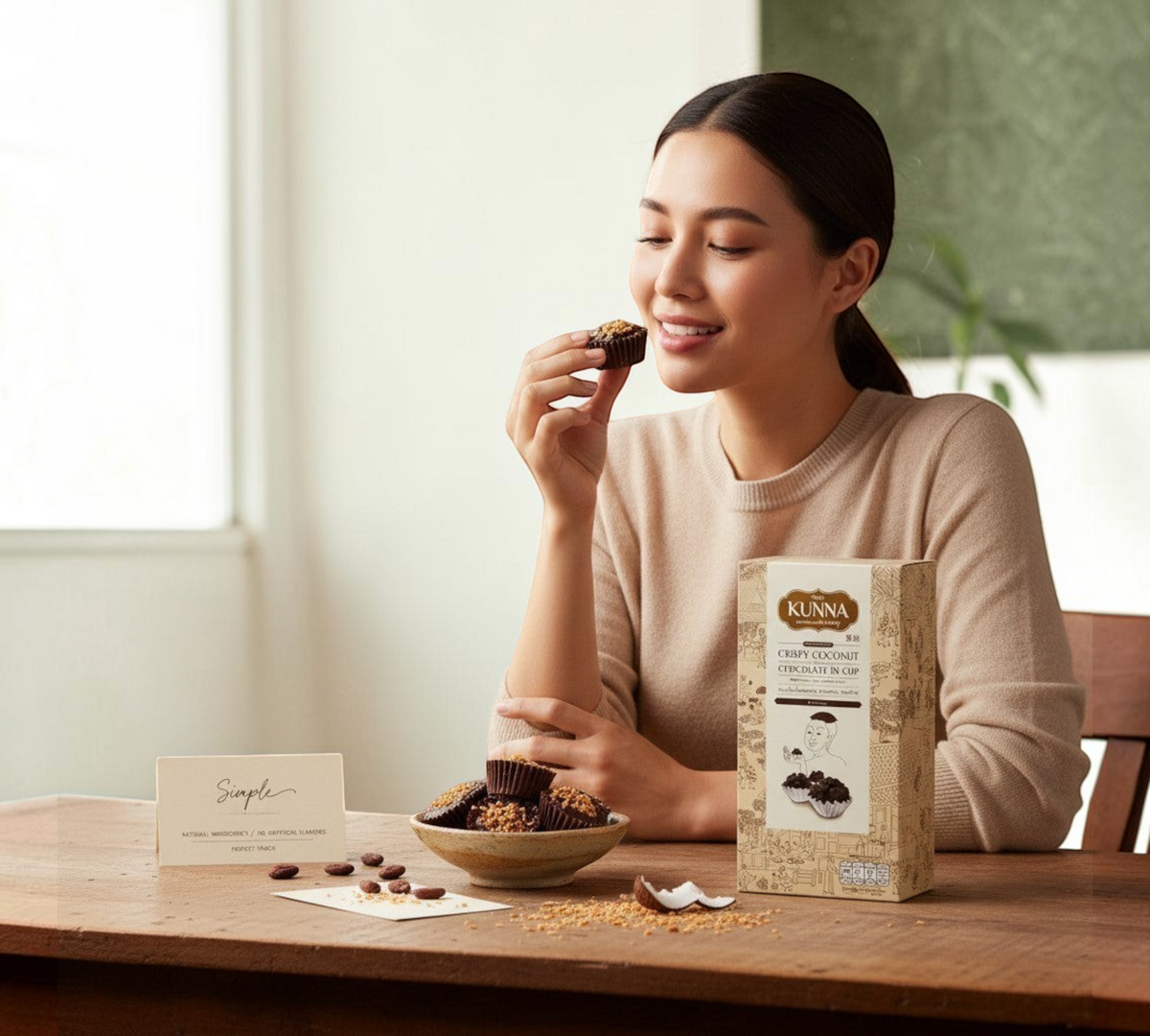 Thai Ranee woman enjoying a KUNNA crispy coconut chocolate cup at a wooden table with the product box and bowl