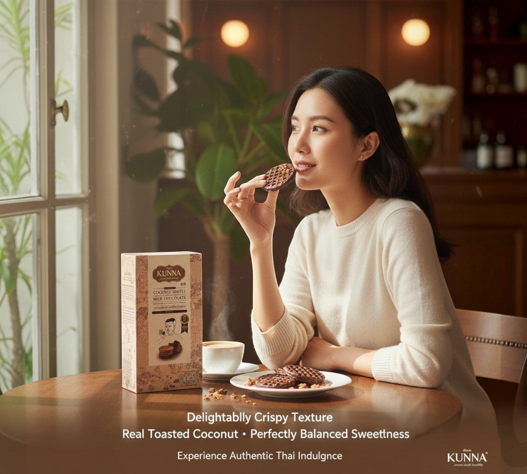 Thai Ranee KUNNA coconut waffle with milk chocolate being enjoyed by a woman with coffee in a cozy sunlit room