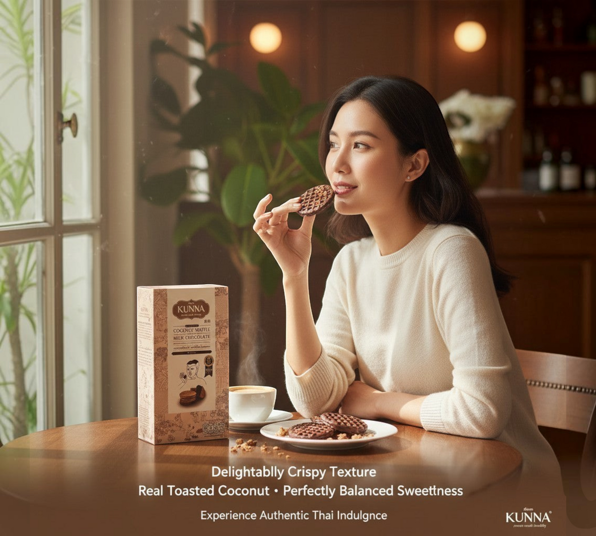 Thai Ranee KUNNA coconut waffle with milk chocolate being enjoyed by a woman with coffee in a cozy sunlit room