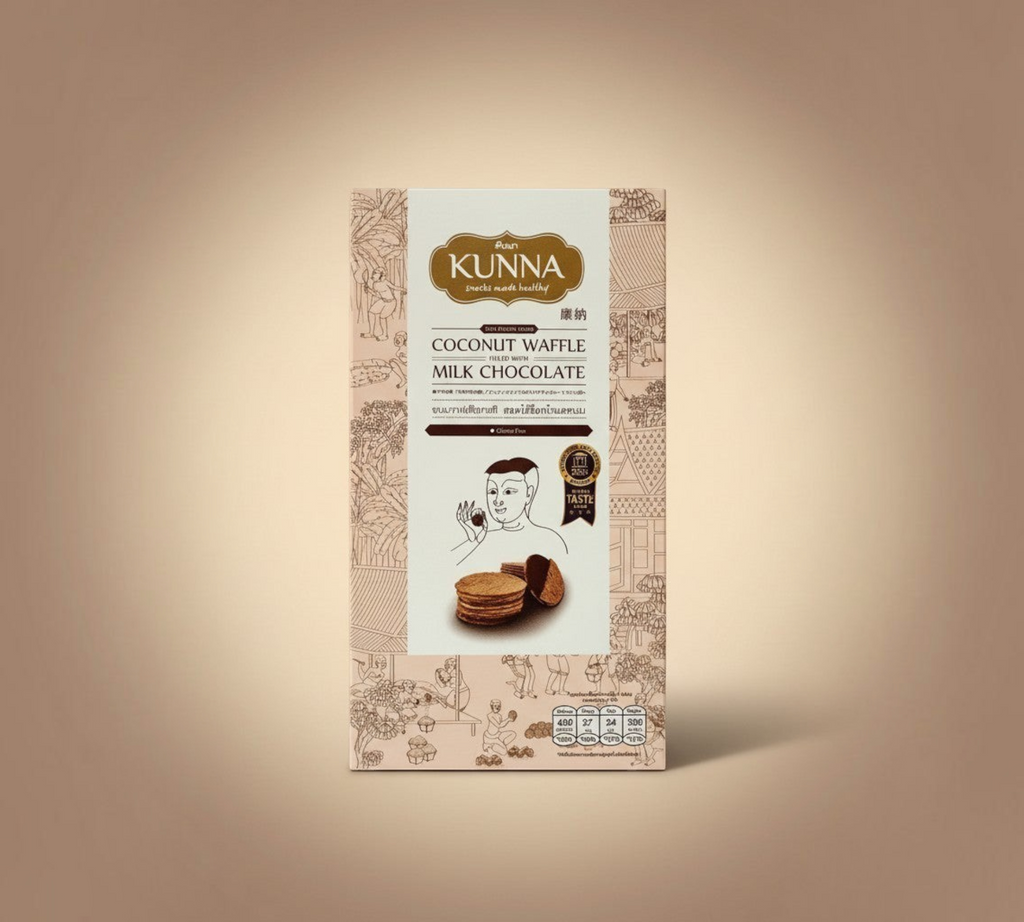 Thai Ranee KUNNA coconut waffle snack box with milk chocolate filling and illustrated packaging