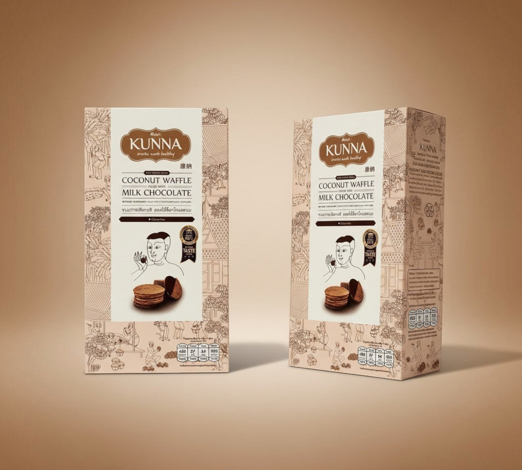 Thai Ranee KUNNA coconut waffles filled with milk chocolate in elegant beige packaging with illustrated details.