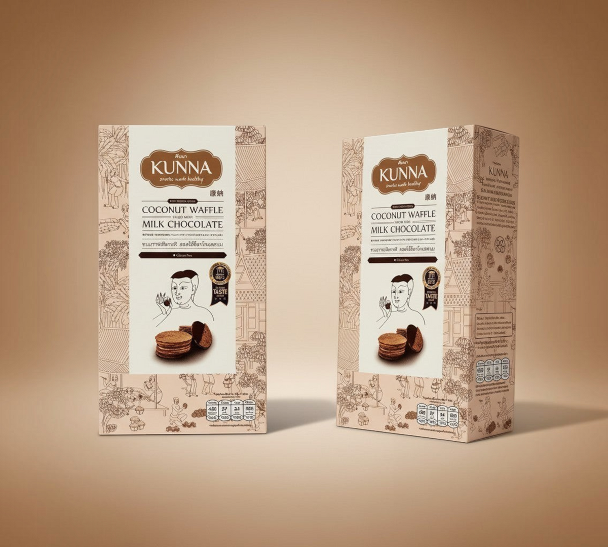 Thai Ranee KUNNA coconut waffles filled with milk chocolate in elegant beige packaging with illustrated details.