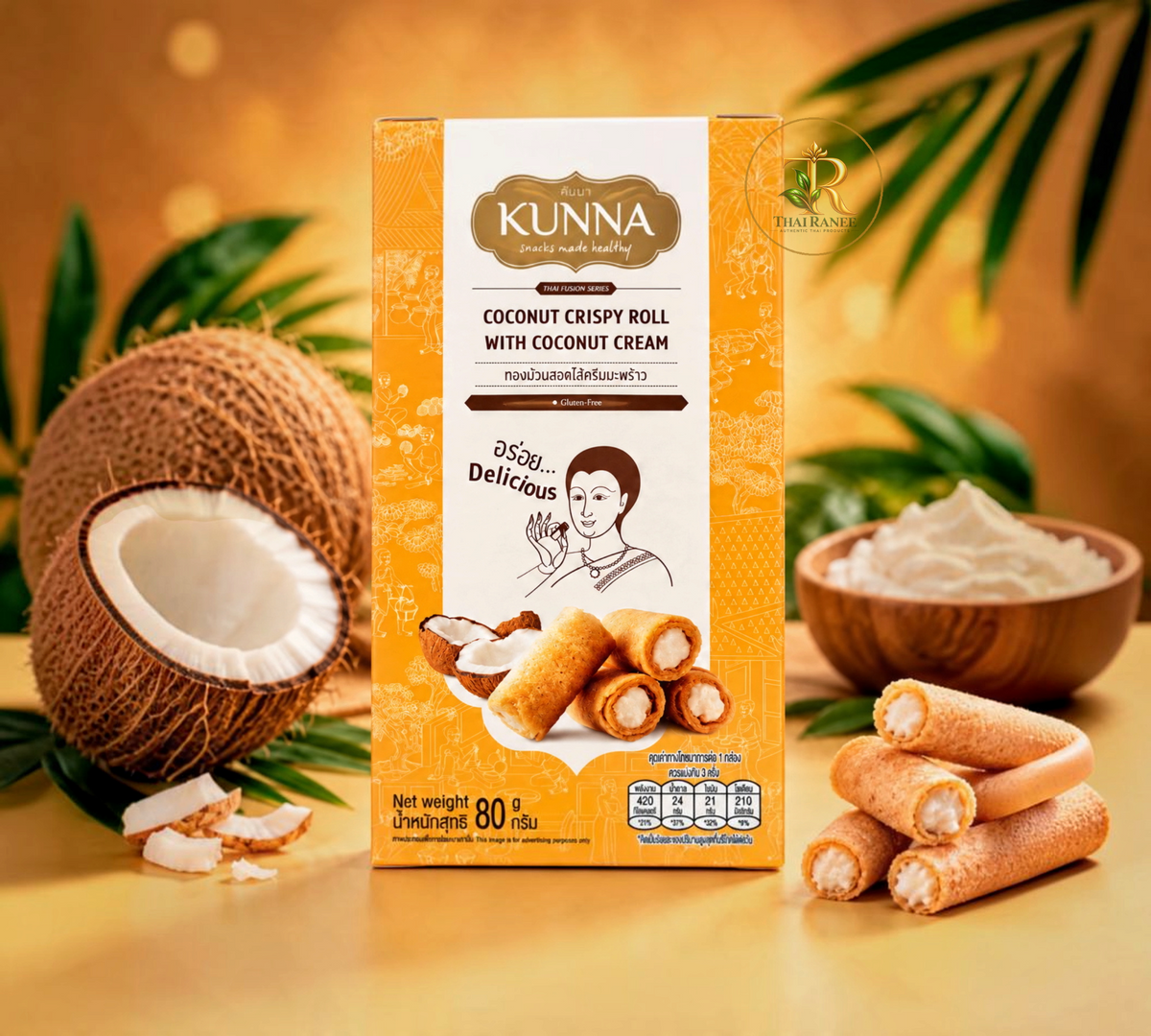Thai Ranee KUNNA coconut crispy rolls with creamy filling in a golden yellow box featuring traditional Thai art.