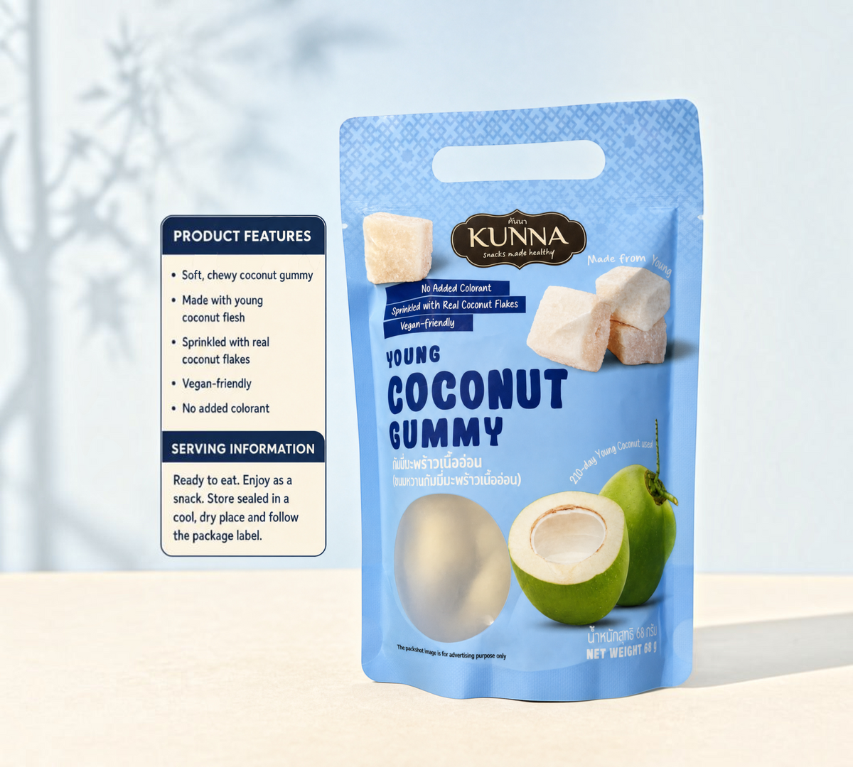 Thai Ranee KUNNA vegan young coconut gummy in a blue resealable pouch with coconut flesh and flakes