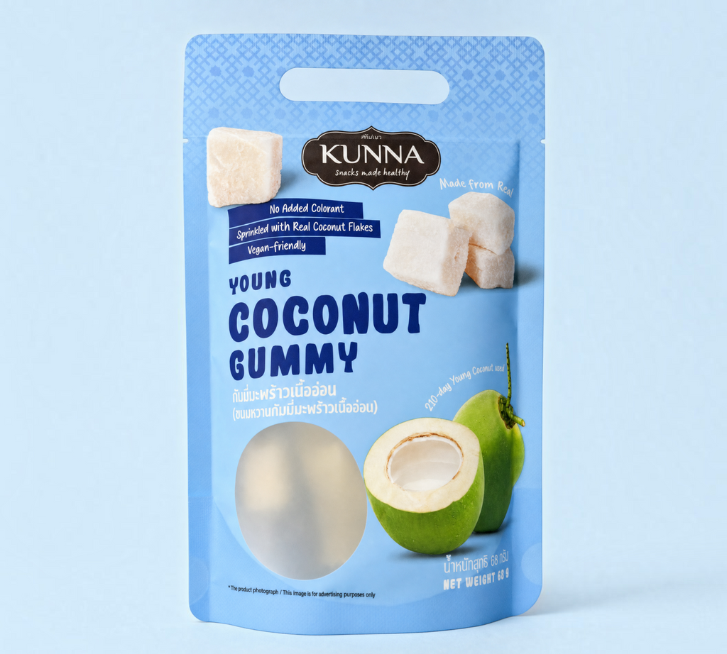 Thai Ranee KUNNA vegan young coconut gummy in a blue resealable pouch with real coconut flakes and coconut flesh
