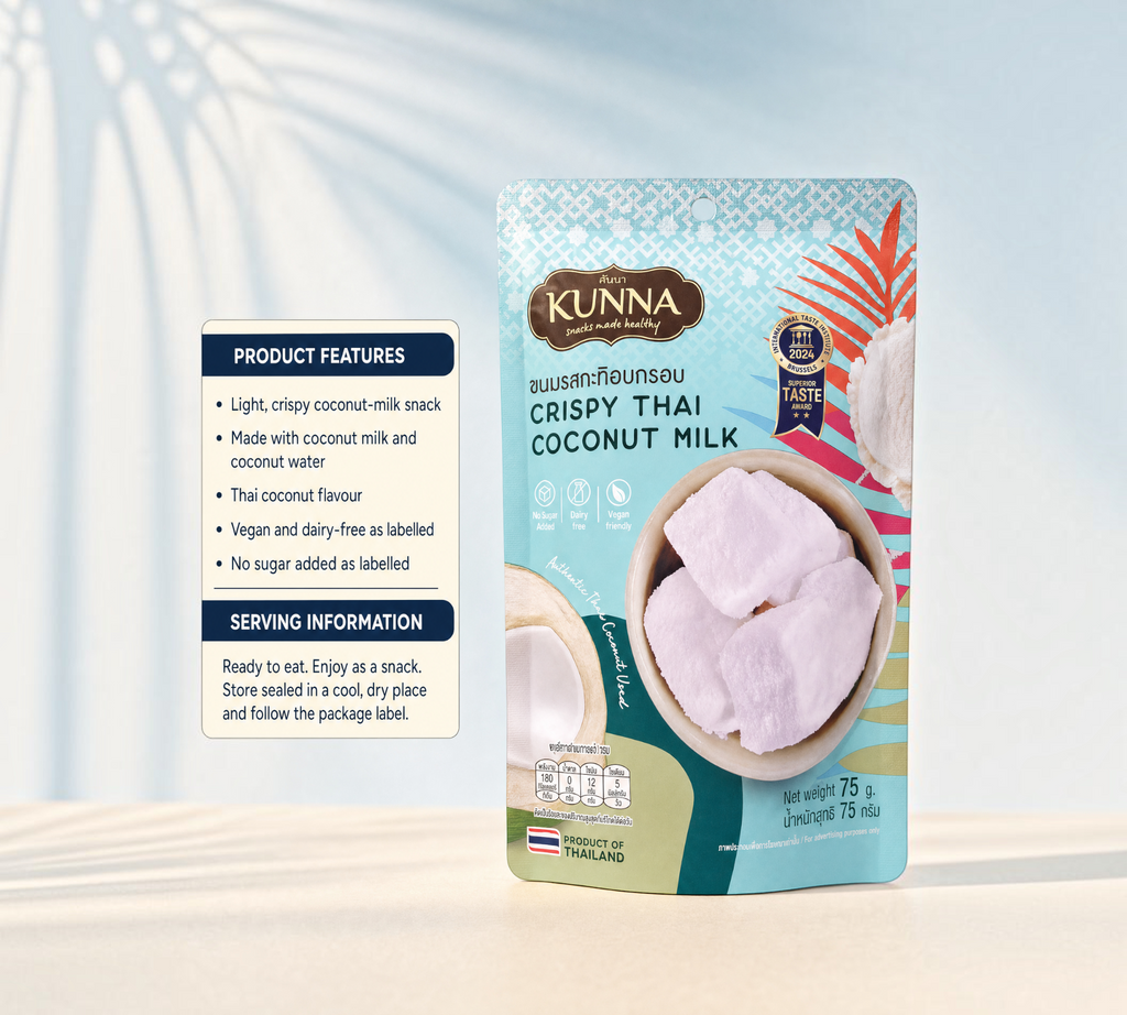 Thai Ranee KUNNA crispy purple coconut milk snack pieces in a resealable pouch with Thai coconut flavour
