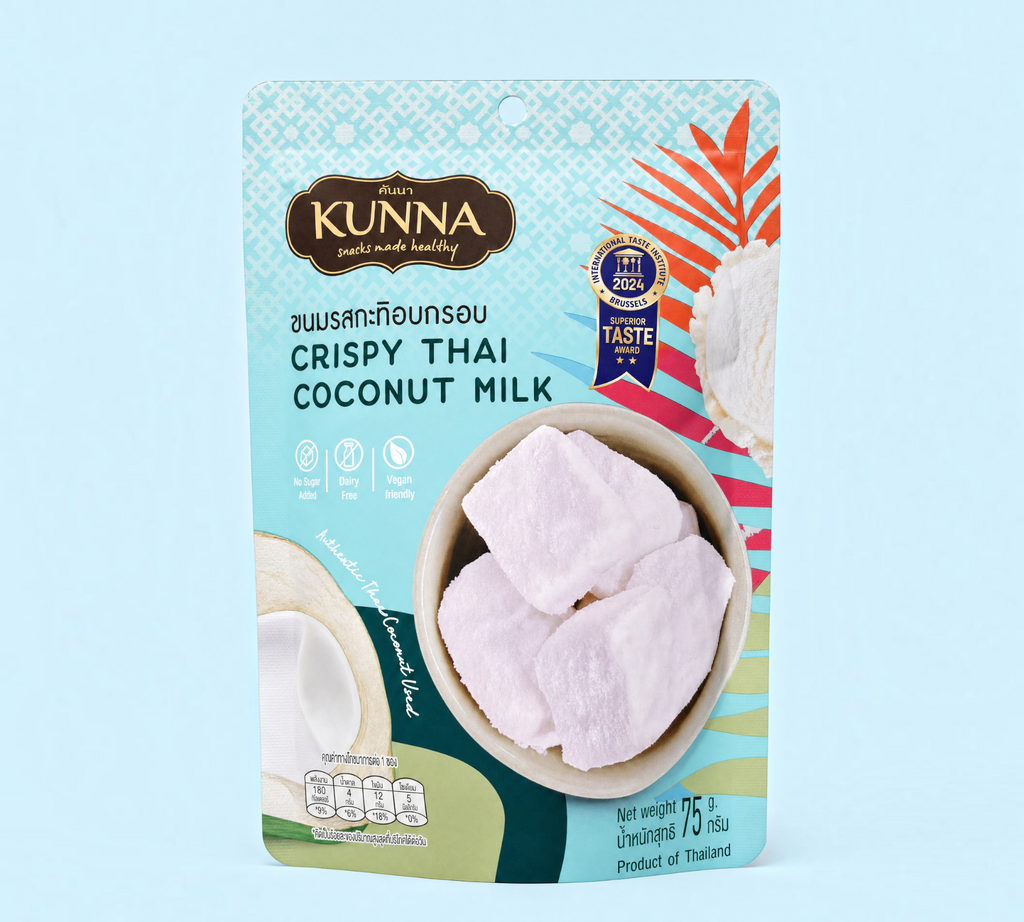 Thai Ranee KUNNA crispy purple coconut milk snack in a 75g resealable pouch with a Superior Taste Award seal.