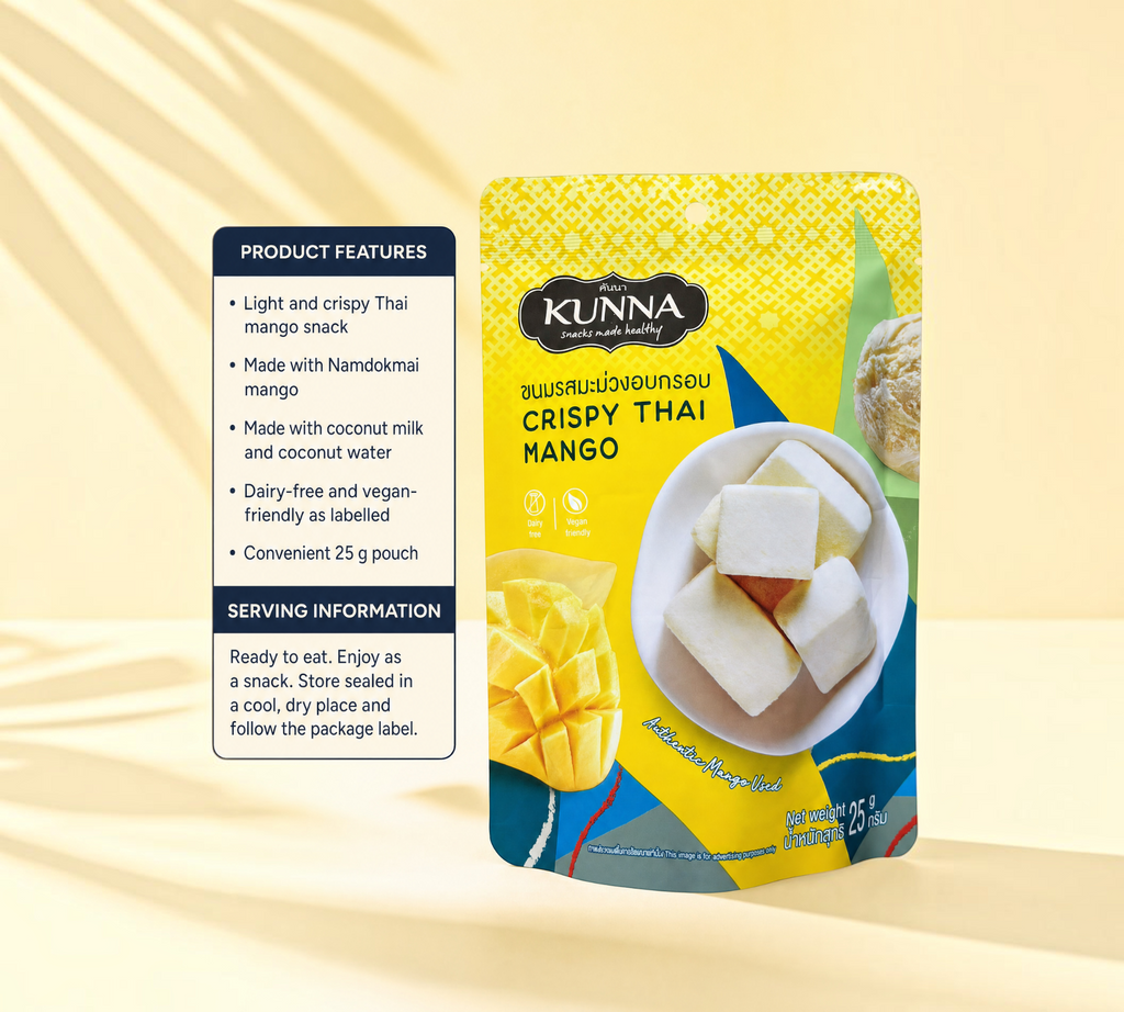 Thai Ranee KUNNA crispy Thai mango snack in a 25g pouch made with Namdokmai mango, coconut milk, and coconut water.