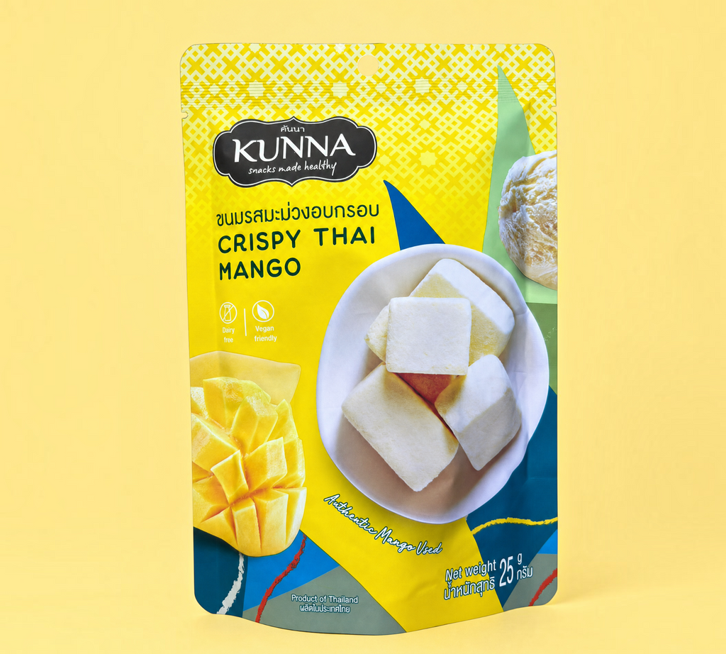 Thai Ranee KUNNA crispy Thai mango snack pouch featuring a yellow design with images of fresh mango and coconut.