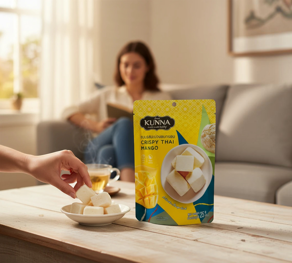 Thai Ranee KUNNA crispy Thai mango and coconut snack pouch on a wooden table with a hand reaching for a piece.