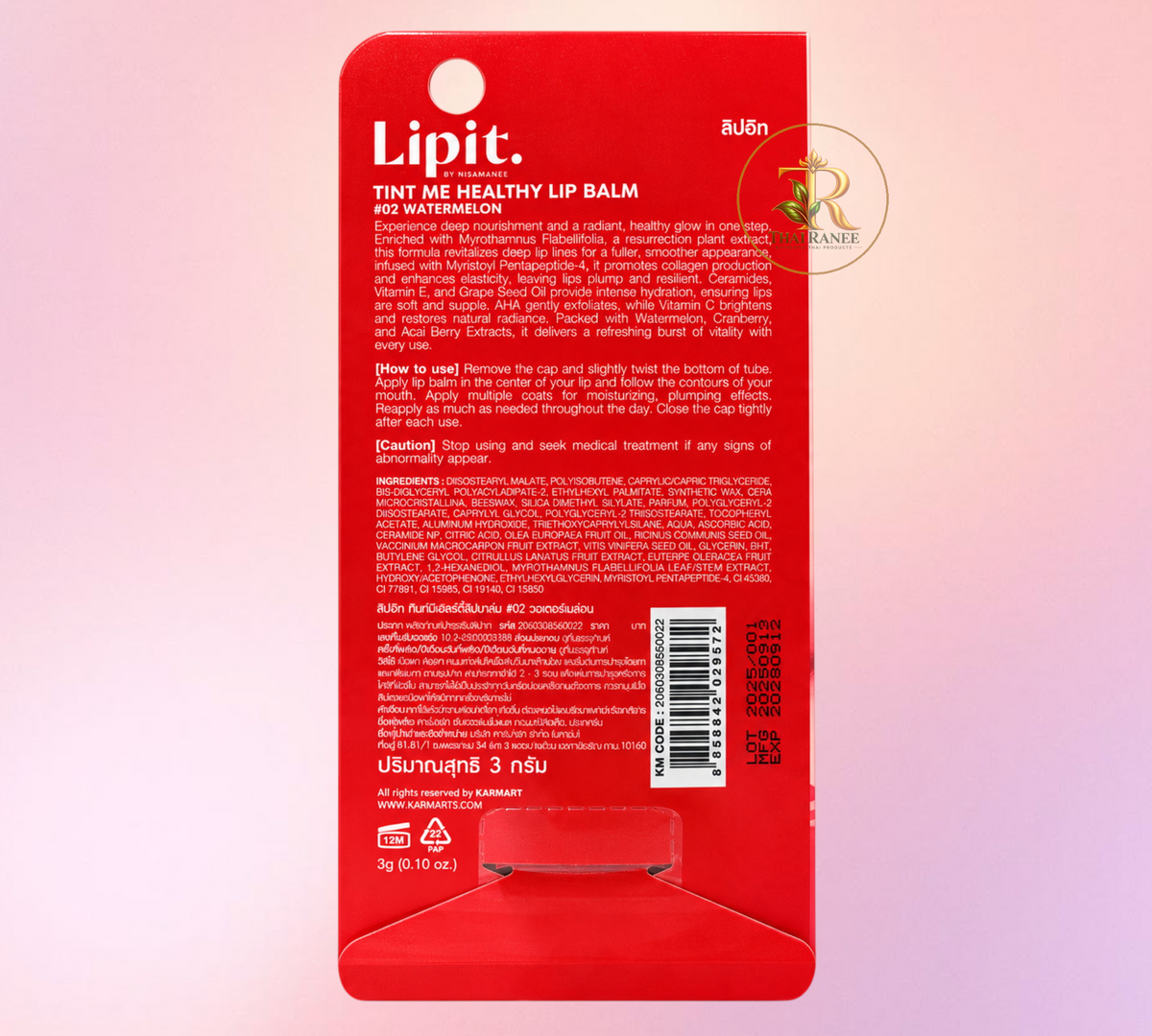 Thai Ranee Lipit. by Nisamanee Tint Me Healthy Lip Balm #02 Watermelon product packaging back view with ingredients