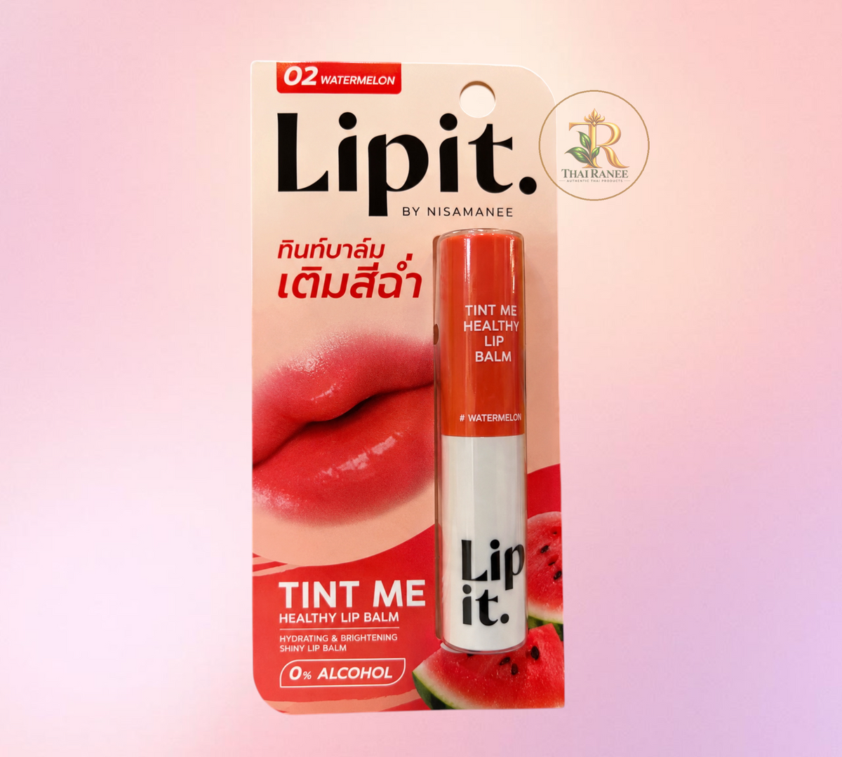 Thai Ranee Lipit. by Nisamanee Tint Me Healthy Lip Balm in #02 Watermelon, a nourishing and brightening tinted balm.