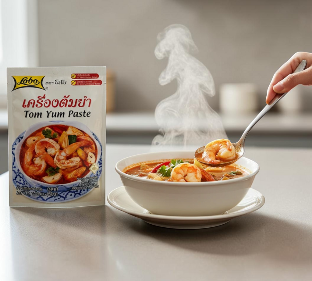 Thai Ranee Lobo Authentic Thai Tom Yum soup paste packet next to a bowl of spicy shrimp soup on a wooden table