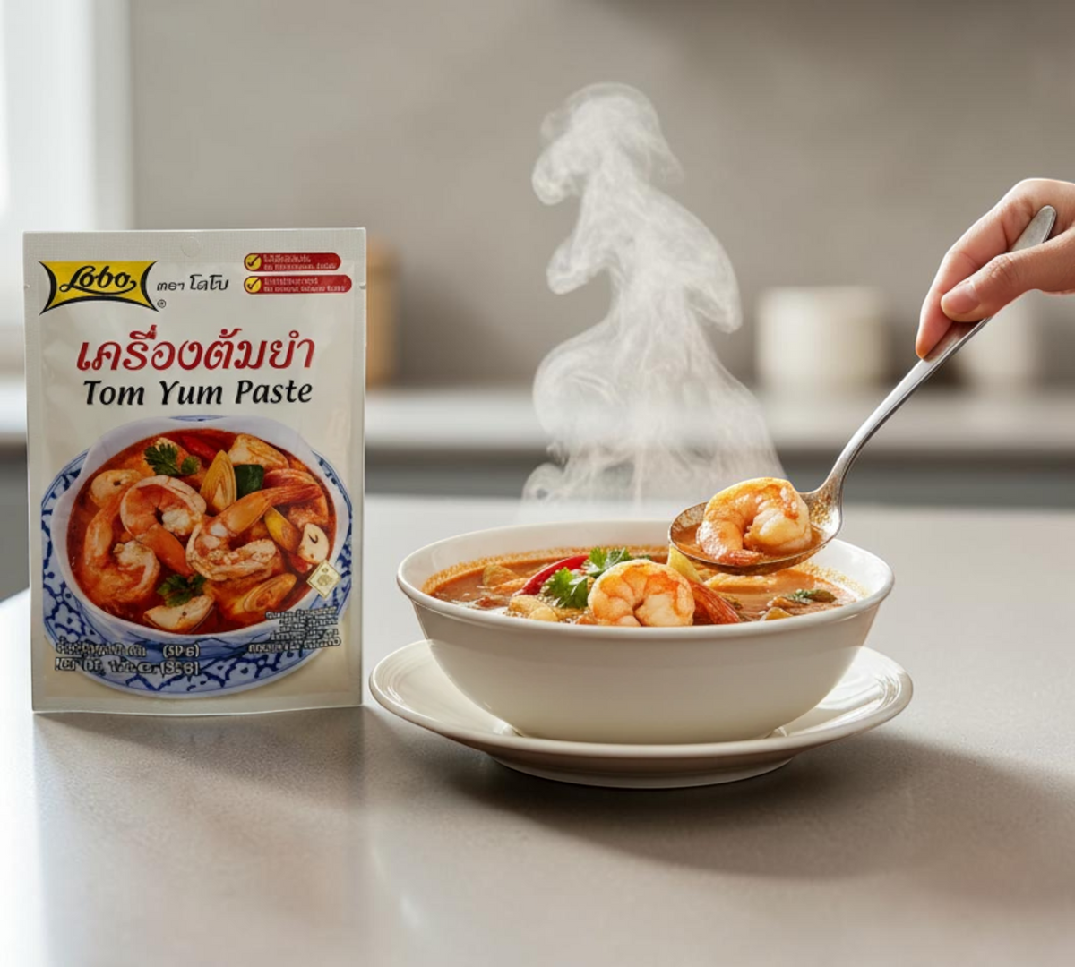 Thai Ranee Lobo Authentic Thai Tom Yum soup paste packet next to a bowl of spicy shrimp soup on a wooden table