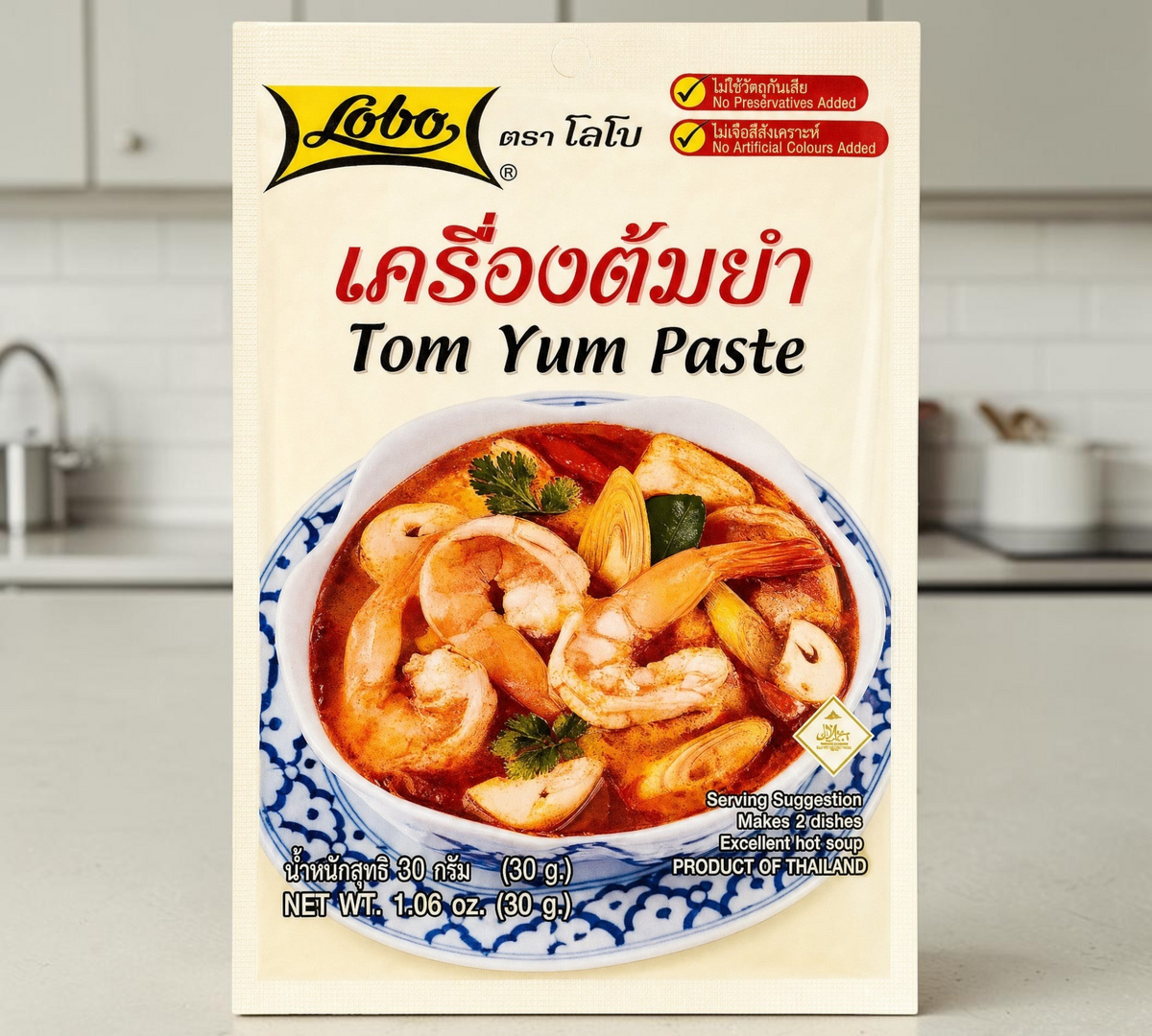 Thai Ranee Lobo authentic Thai Tom Yum paste seasoning packet featuring a bowl of spicy shrimp soup