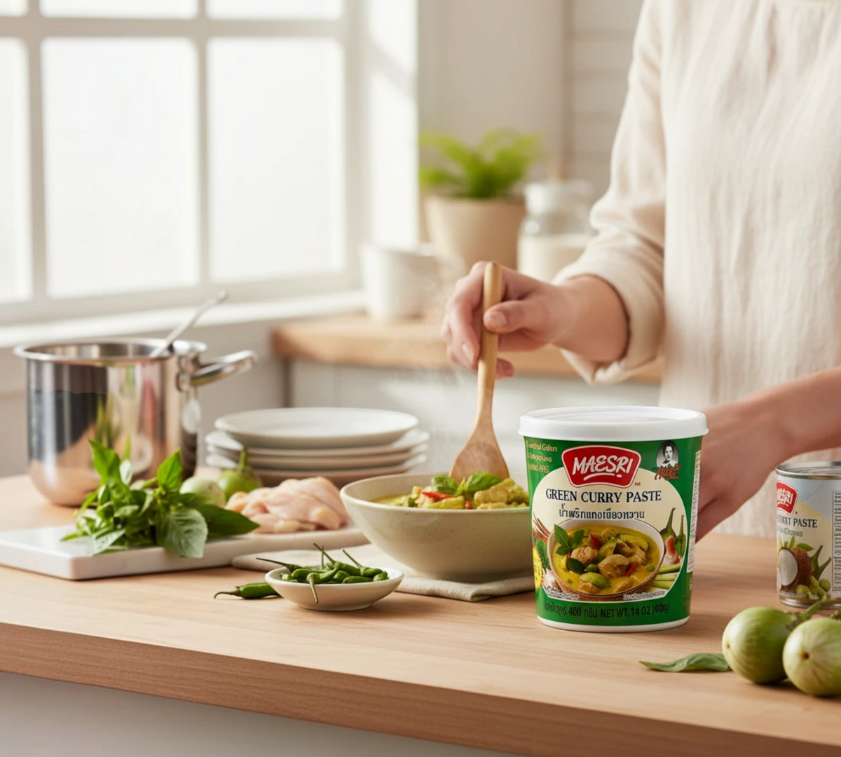 Thai Ranee Mae Sri green curry paste container on a wooden kitchen counter with fresh ingredients and prepared curry.