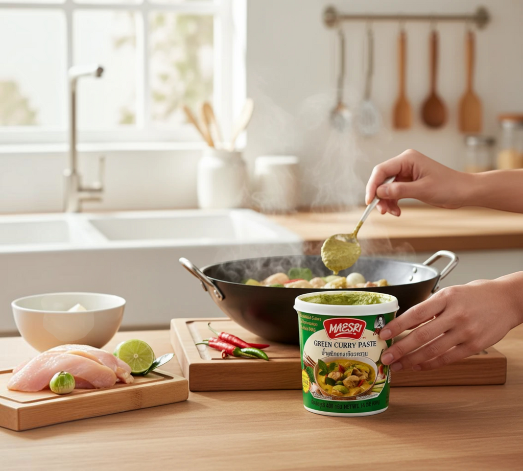 Thai Ranee Mae Sri green curry paste tub held by hand while cooking in a kitchen with fresh ingredients