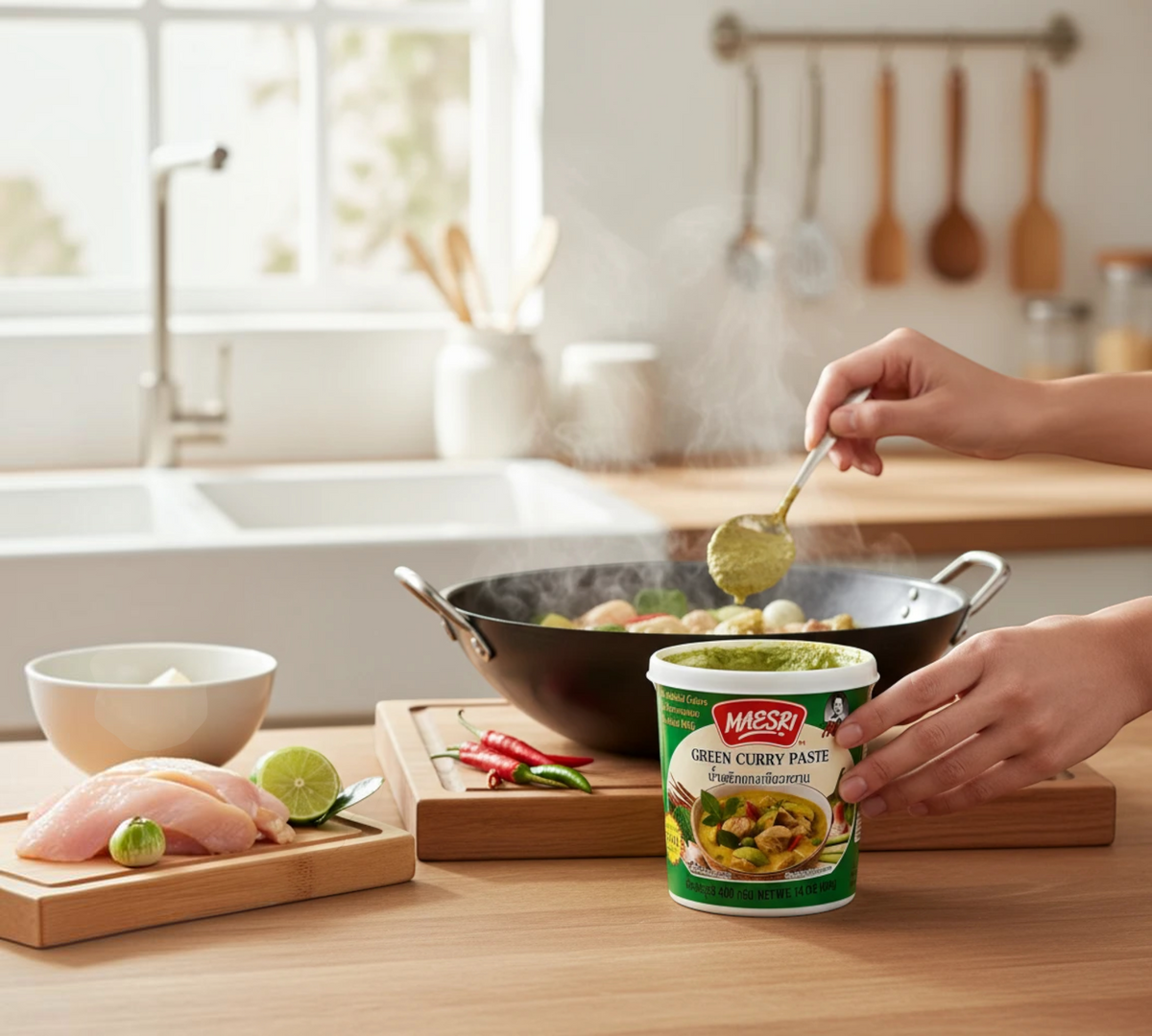 Thai Ranee Mae Sri green curry paste tub held by hand while cooking in a kitchen with fresh ingredients
