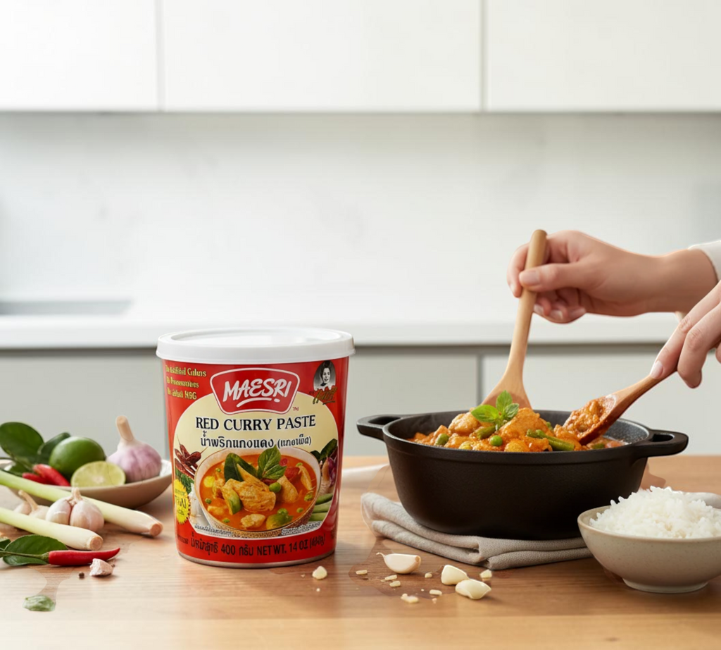 Thai Ranee Mae Sri red curry paste tub next to a cast iron pot of freshly cooked Thai red curry on a kitchen counter.