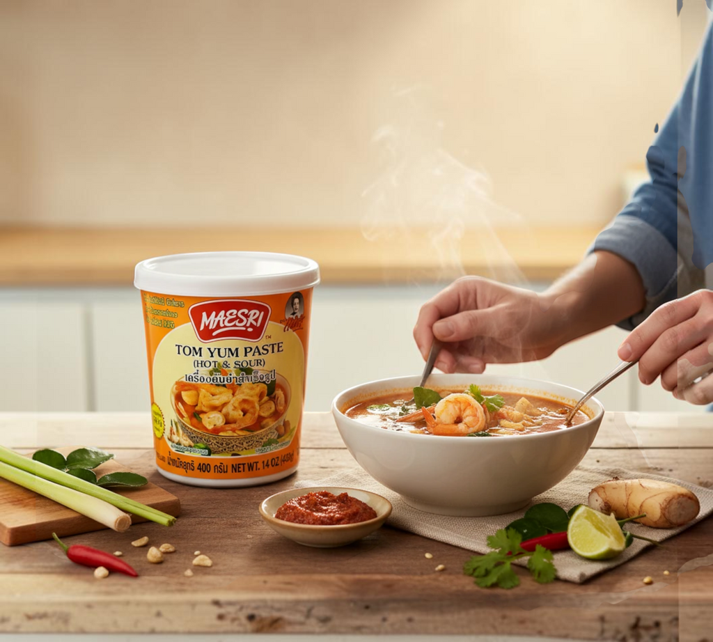 Thai Ranee Mae Sri Tom Yum paste tub next to a bowl of hot and sour shrimp soup with fresh herbs on a wooden table.